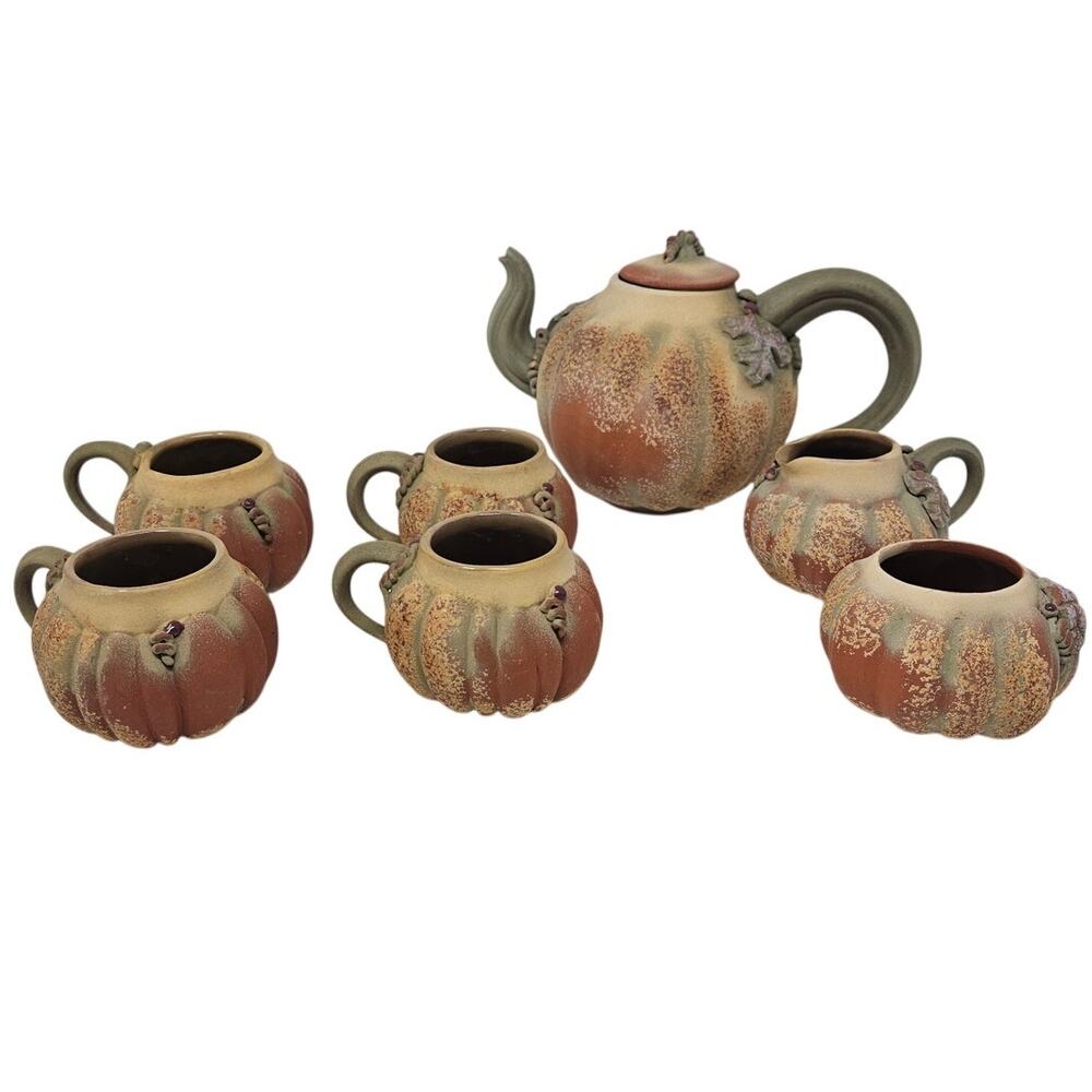 Handmade Pottery Thin Ice 7 Tea Set Teapot Mugs Cottage Primitive Pumpkin Gourd